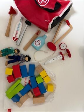 Wooden toy bundle doctor kit, stacking blocks, two wooden people